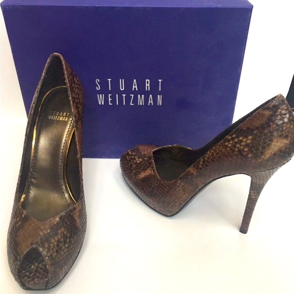 Stuart Wiseman, snake skin pip toe, invisible platform size 6 1/2 peep toe